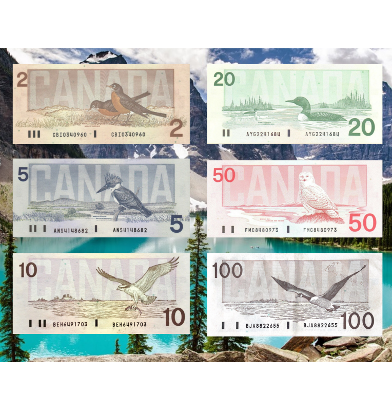 Canadá 2,5,10,20,50,100 Dólares 1986-1991 Pick 94a,95e,96c,97d,98d